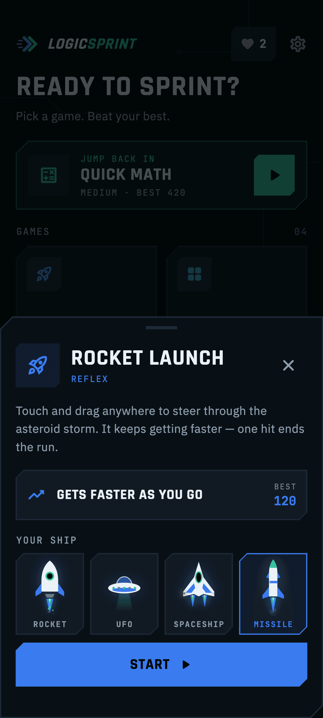 Rocket Launch game sheet: the rules, your best score, and a ship picker with Rocket, UFO, Spaceship and Missile, above a Start button.