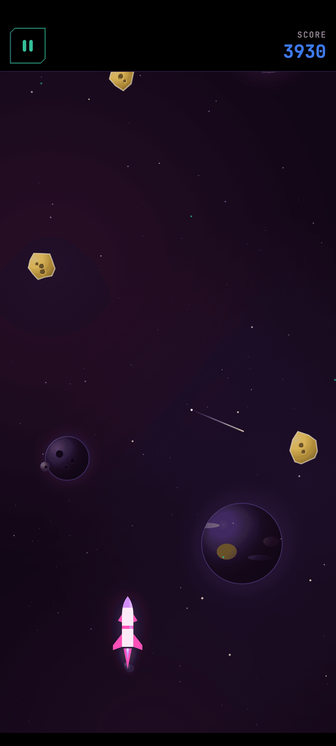 Rocket Launch at 3930 points in the purple theme: a pink missile weaves between gold asteroids past a moon world and a gas giant as a shooting star streaks by.