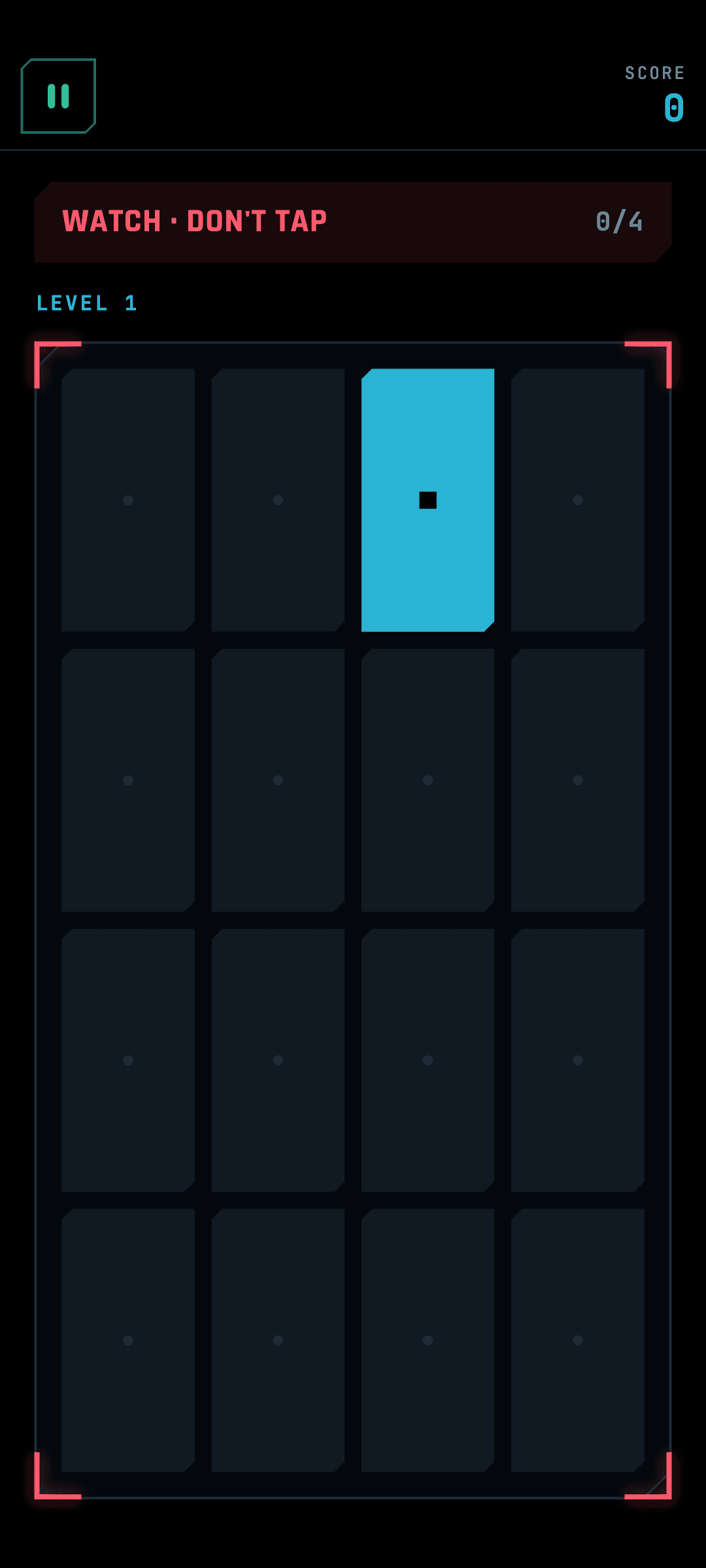 Memory Lane on Medium: a 4×4 grid framed by red corners with one tile lit, under the banner "Watch · don’t tap".