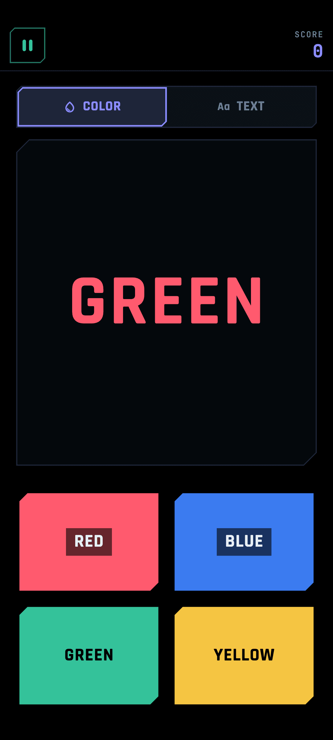 Guess Color in play: the COLOR | TEXT switch set to COLOR, the word GREEN painted red, and red, blue, green and yellow answer buttons.